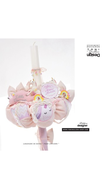 Lumanare de botez roz pentru fetite cu unicorni, 65x4cm, Baby Unicorn 4